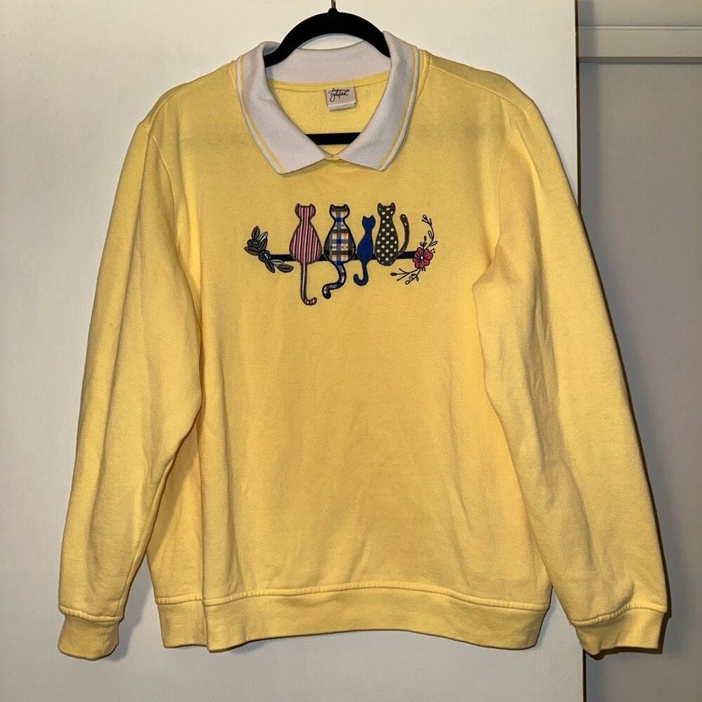 Adrian Delafield XL Cottagecore Vintage Patchwork Cats Women’s Sweater EUC